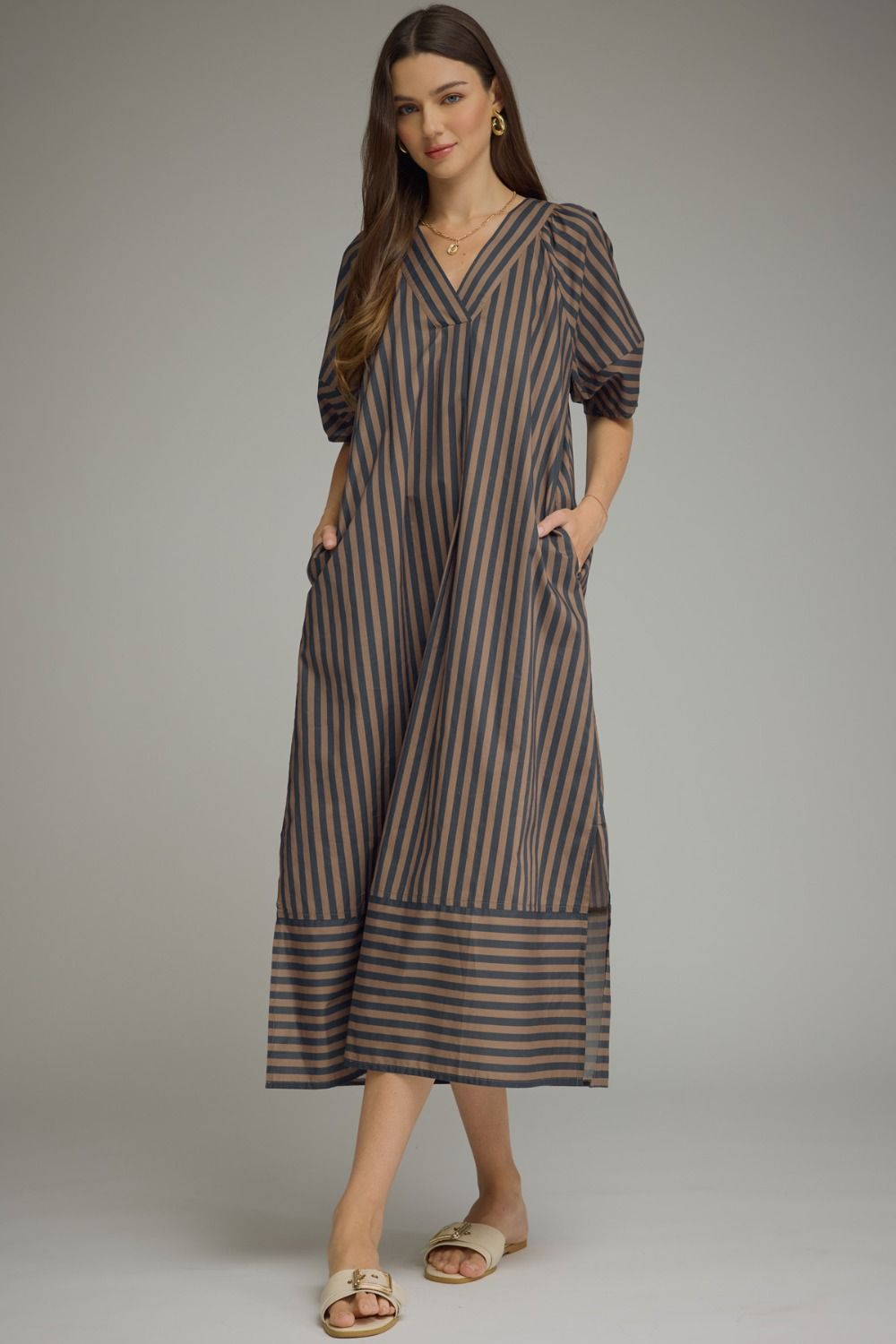 Entro Midi Dress In Navy Brown