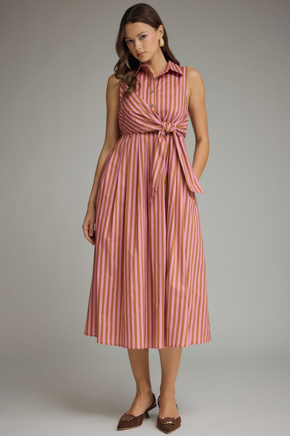 ENTRO Striped Collared Sleeveless Midi Dress In Camel Pink *COMING SOON*