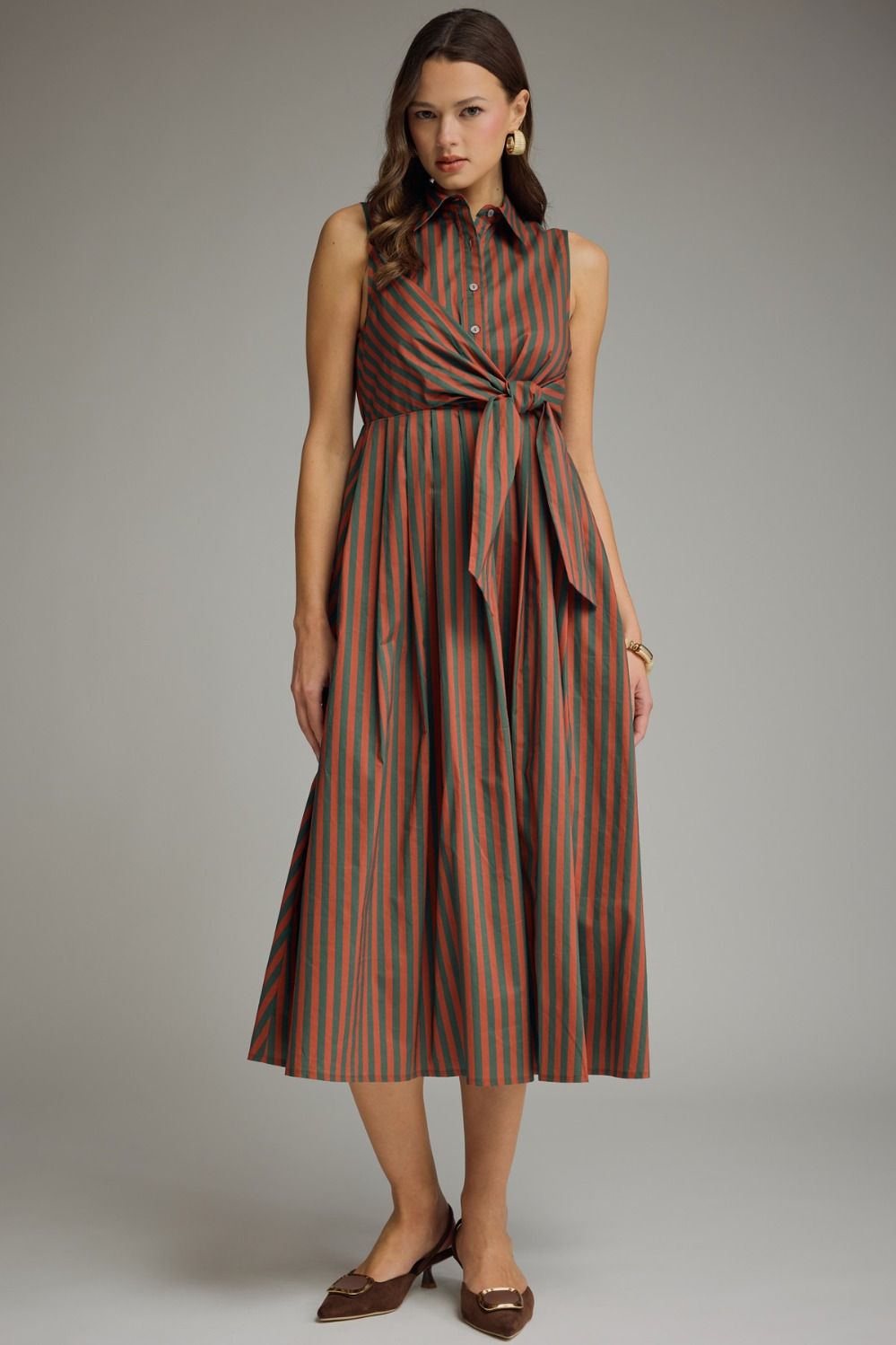 ENTRO Striped Collared Midi Dress With Self Tie Detail In Hunter Green Rust *COMING SOON*