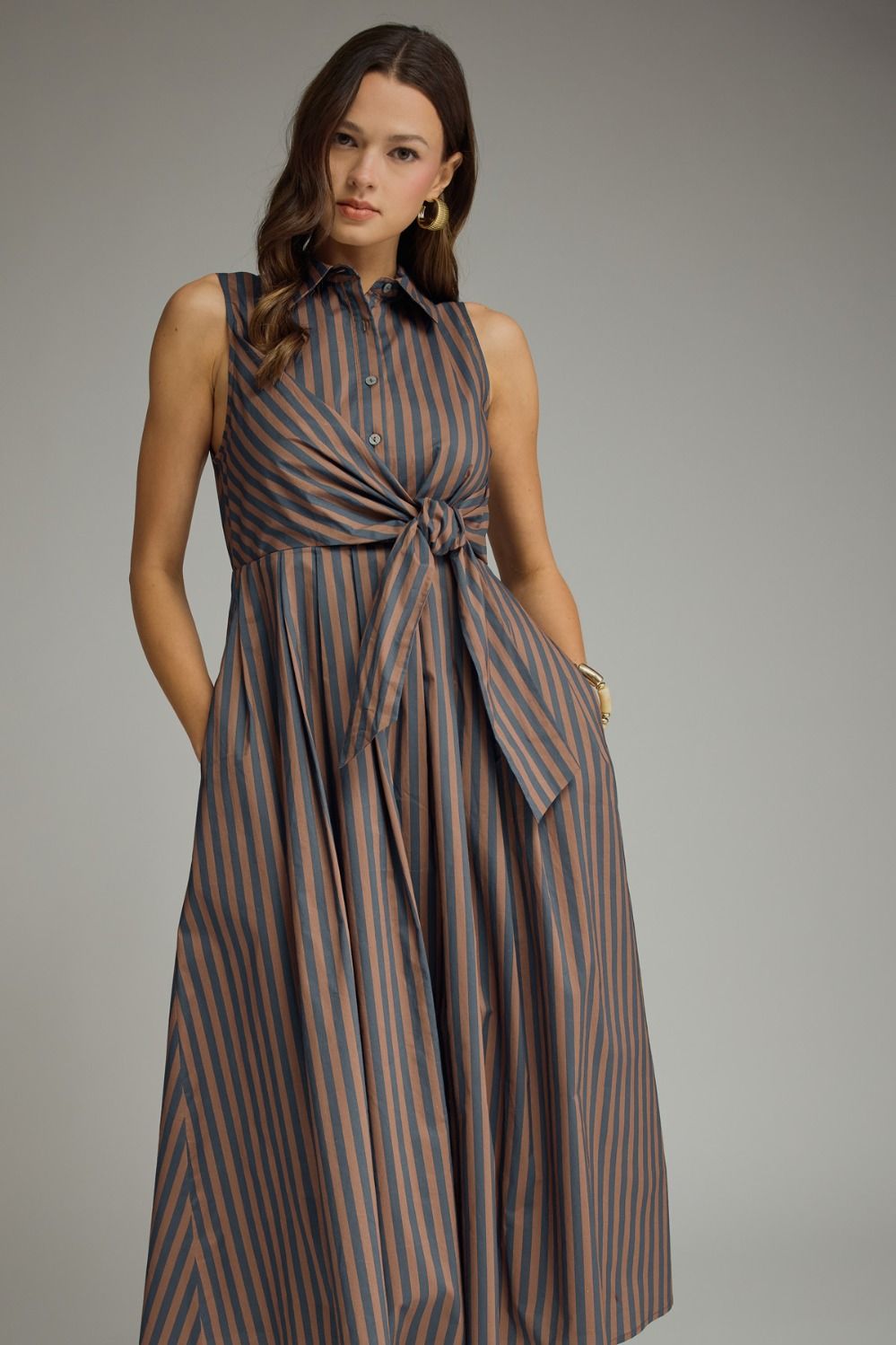 ENTRO Striped Collared Sleeveless Midi Dress In Navy Brown *COMING SOON*