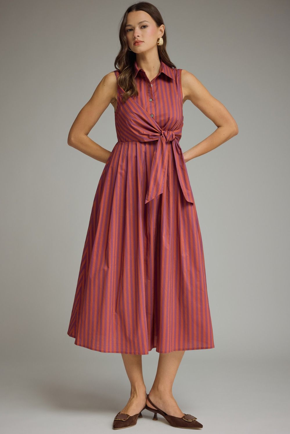 ENTRO Striped Collared Sleeveless Midi Dress In Plum *COMING SOON*