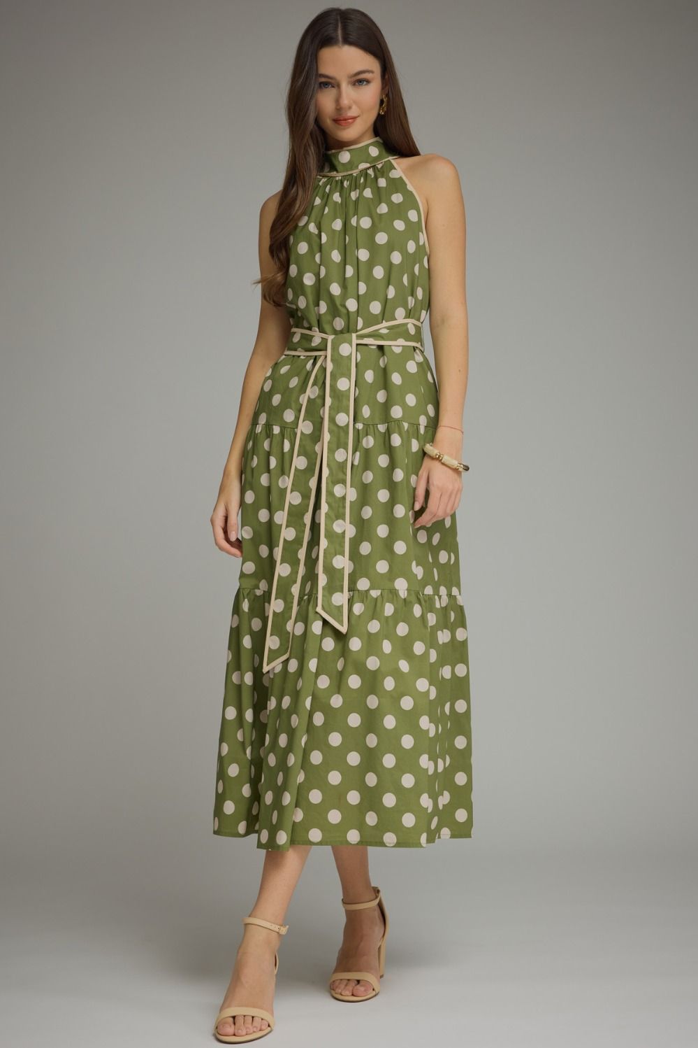Entro Polka Dot Halter Midi Dress In Olive