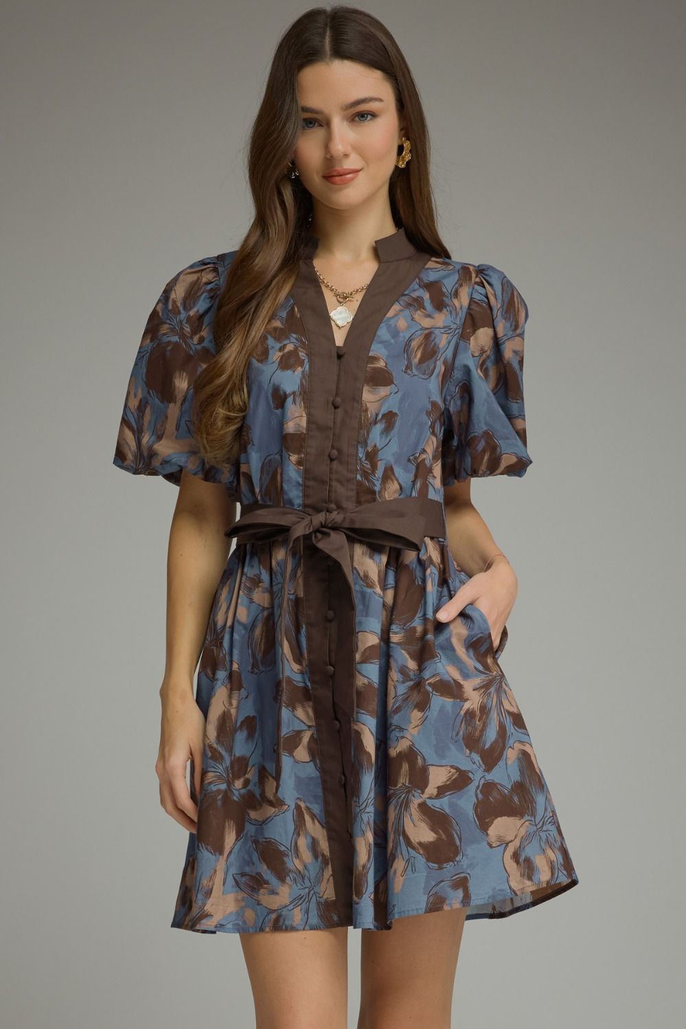 Entro Floral Puff Sleeve Mini Dress With V Neck In Brown