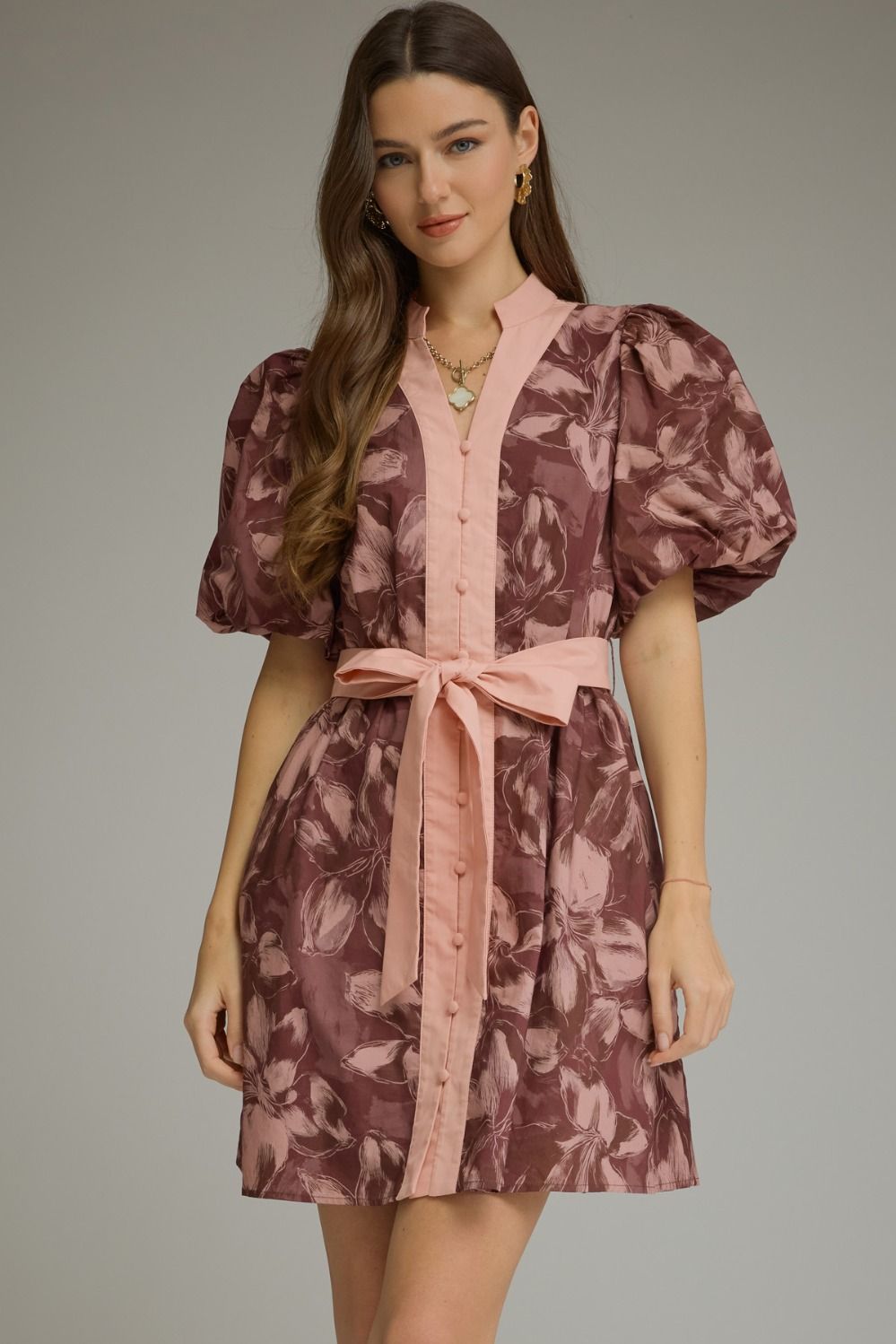 Entro Floral Puff Sleeve Mini Dress With V Neck In Mauve
