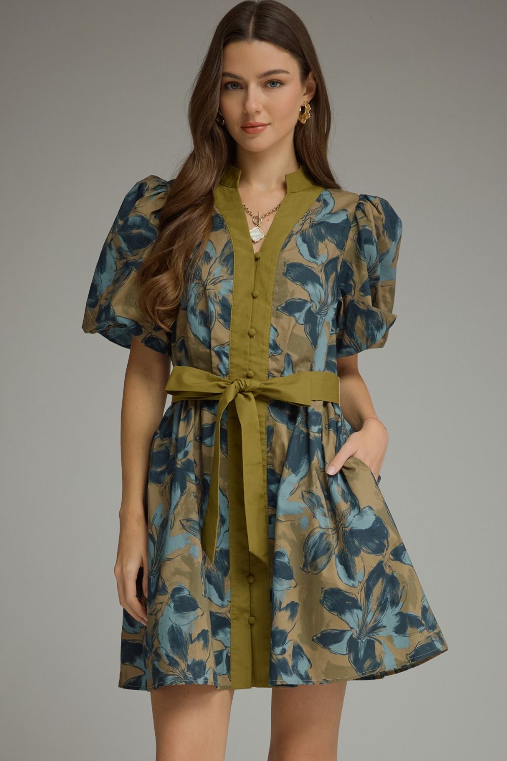 Entro Floral Puff Sleeve Mini Dress With V Neck In Olive *COMING SOON*