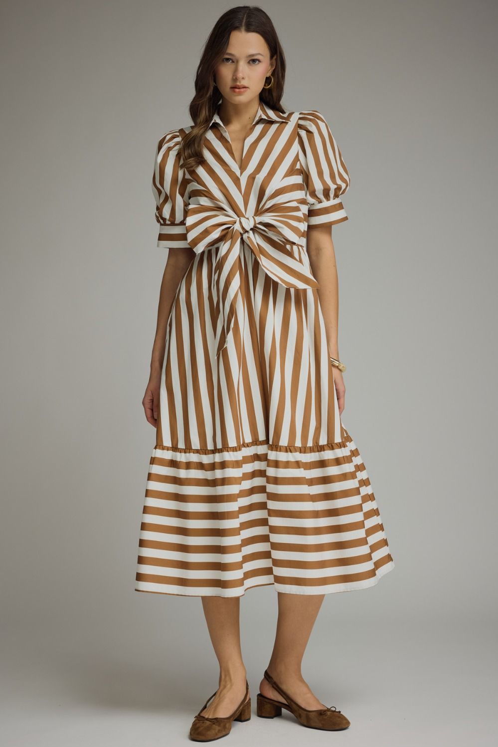 ENTRO Stripe Collared Puff Sleeve Midi Dress With Tie Waist In Cream Camel