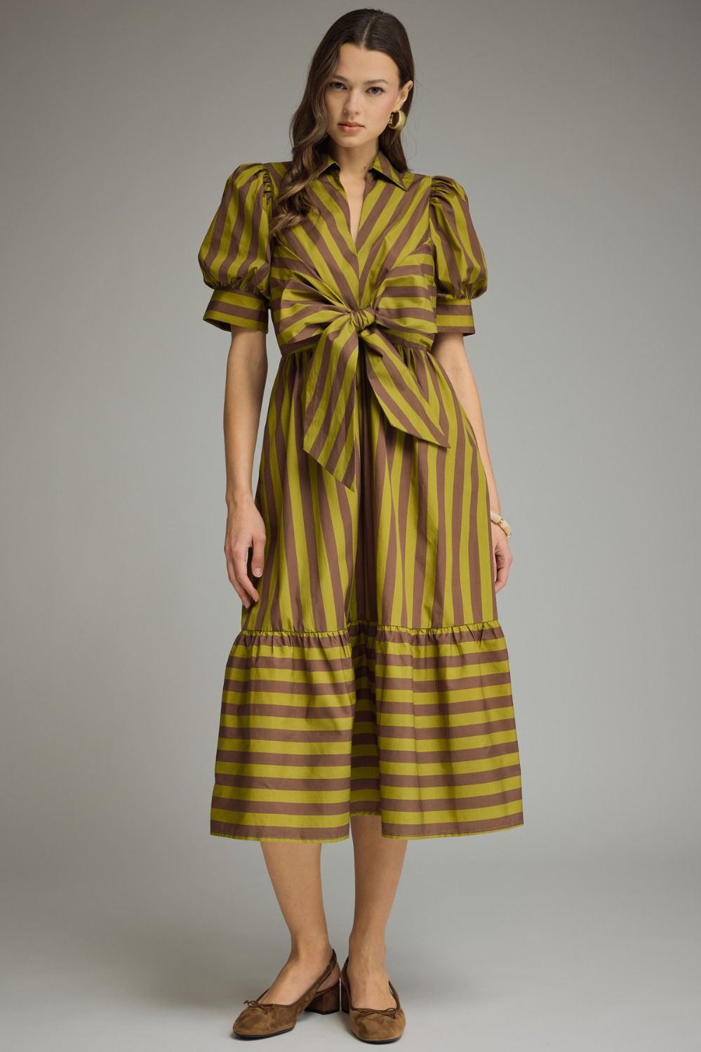 ENTRO Stripe Collared Puff Sleeve Midi Dress With Tie Waist In Martini Olive