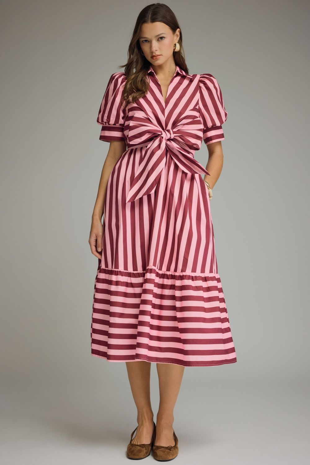 ENTRO Striped Collared Midi Dress With Front Bow In Pink Wine *COMING SOON*
