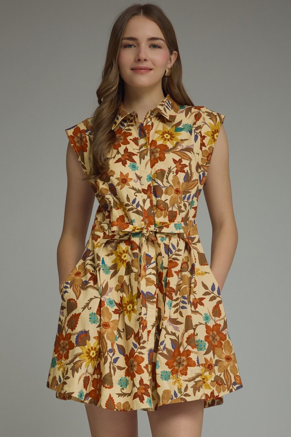 Entro Sleeveless Floral Tie Belt Mini Dress In Tan