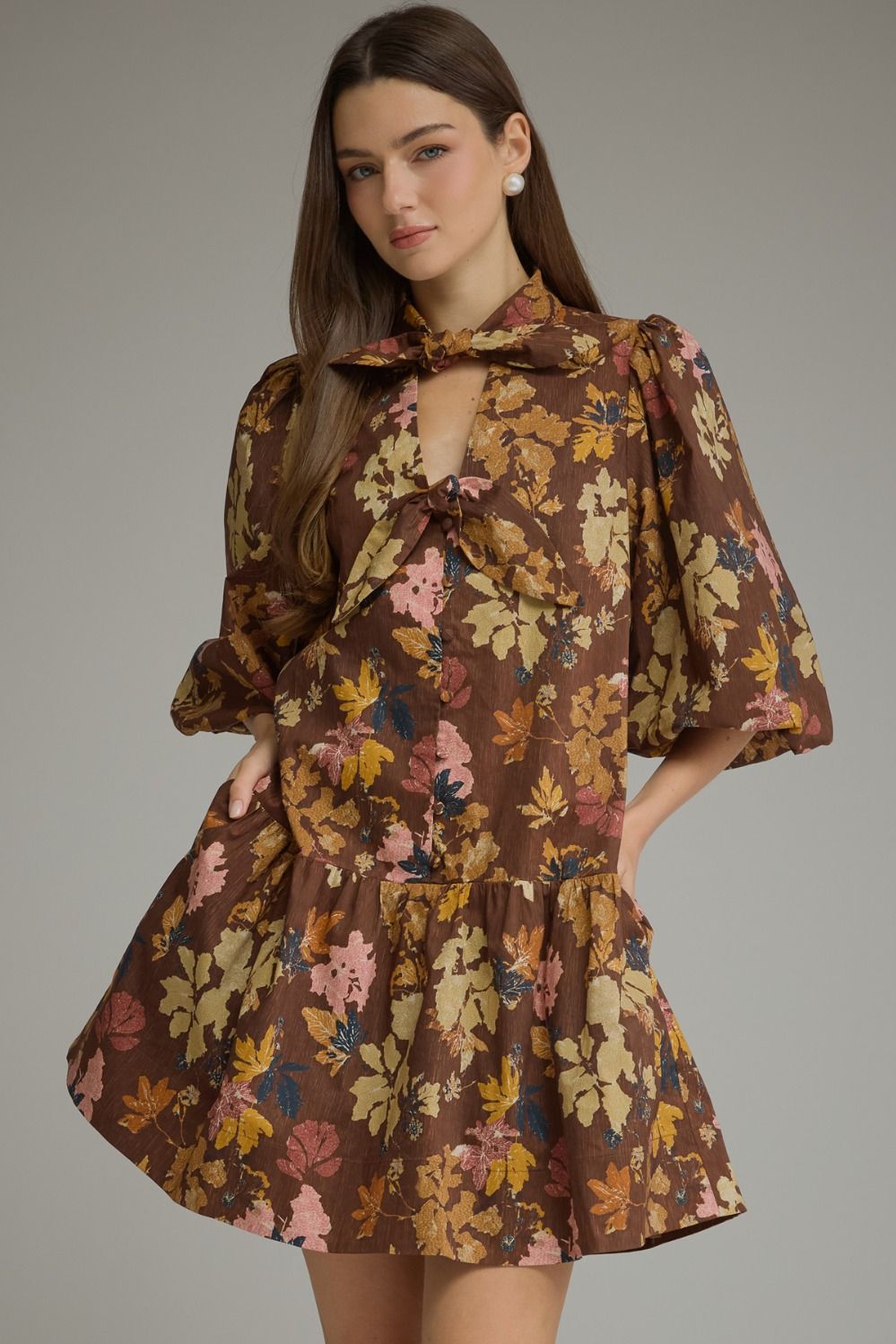 Entro Floral 3/4 Bubble Sleeve Mini Dress In Brown