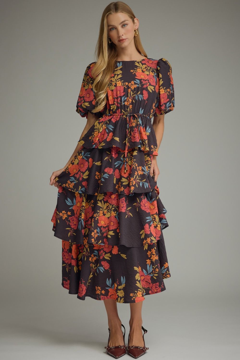 ENTRO Floral Tiered Midi Dress In Plum