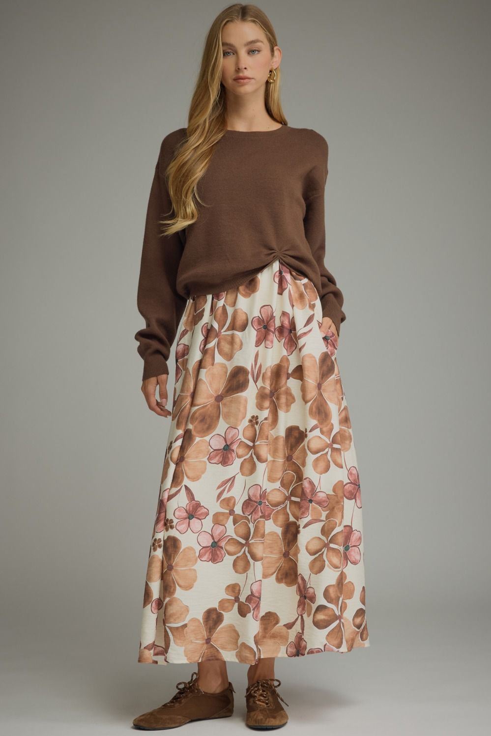 ENTRO Long Sleeve Midi Dress With Removable Sweater In Brown