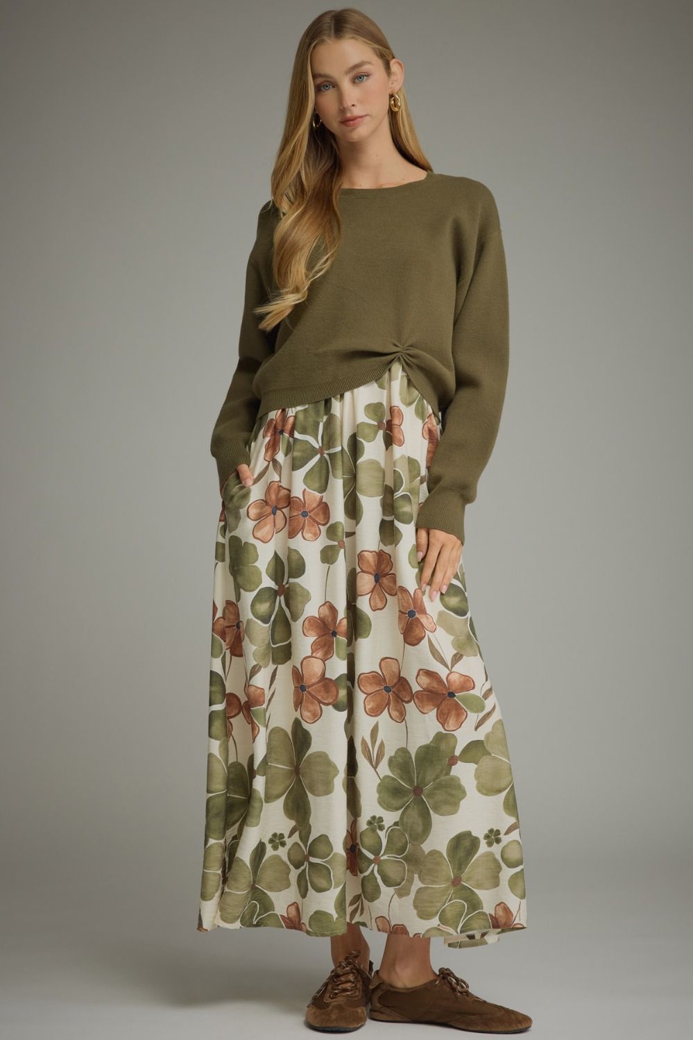 ENTRO Long Sleeve Midi Dress With Removable Sweater In Olive