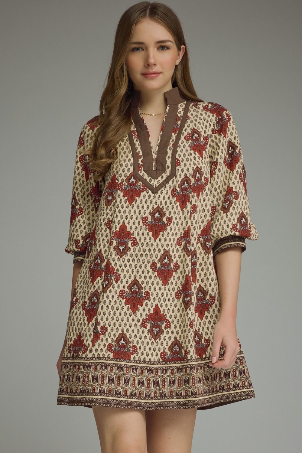 ENTRO Printed 3/4 Sleeve Mini Dress In Brown *COMING SOON*