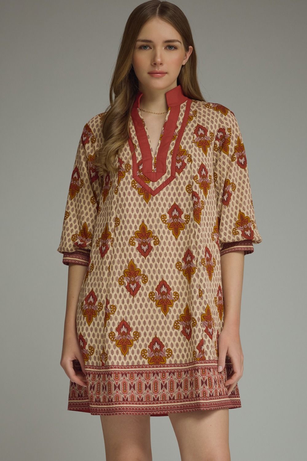 ENTRO Printed 3/4 Sleeve Mini Dress In Rust *COMING SOON*