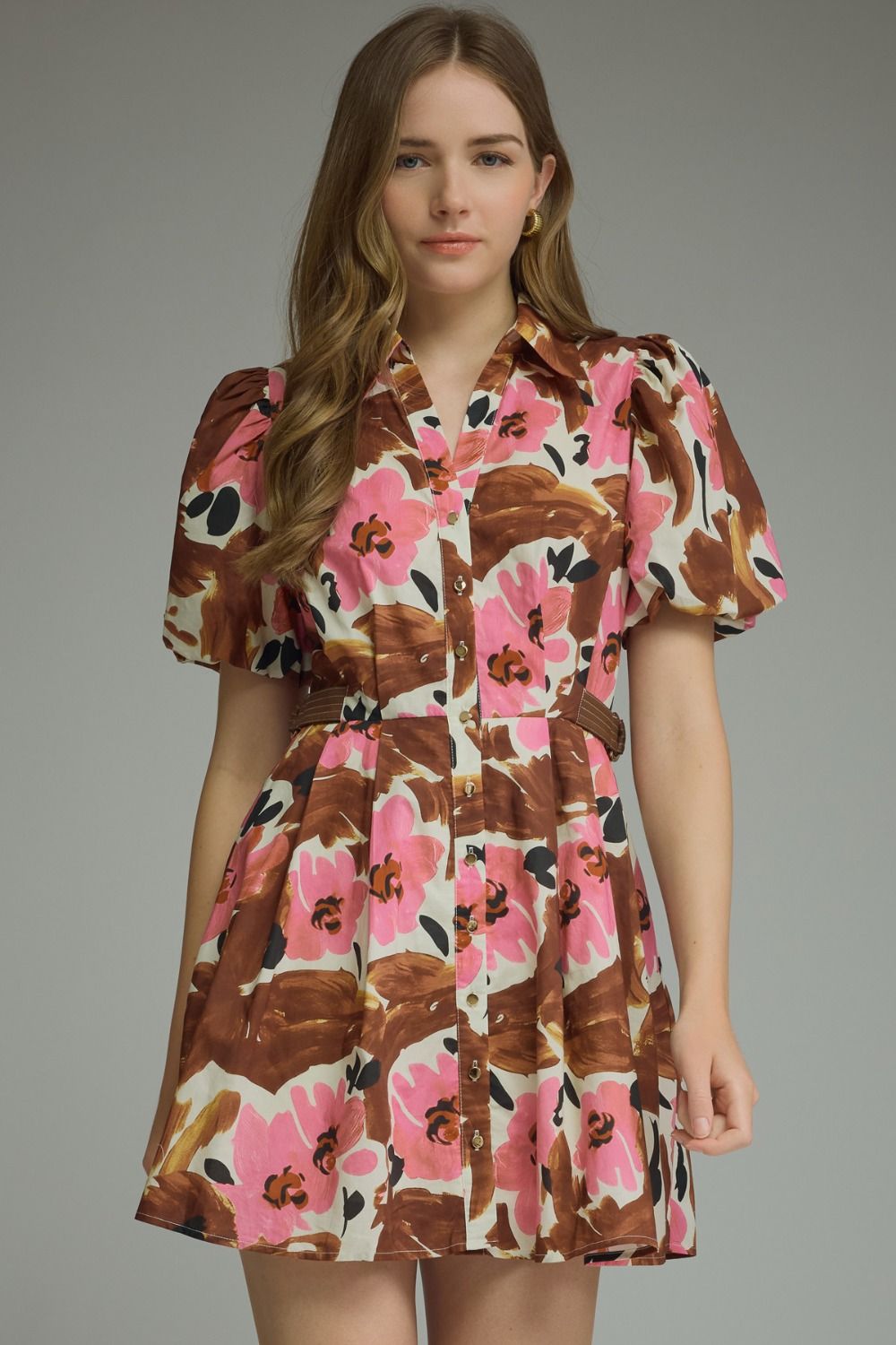 ENTRO Floral Print Short Puff Sleeve Dress In Brown *COMING SOON*