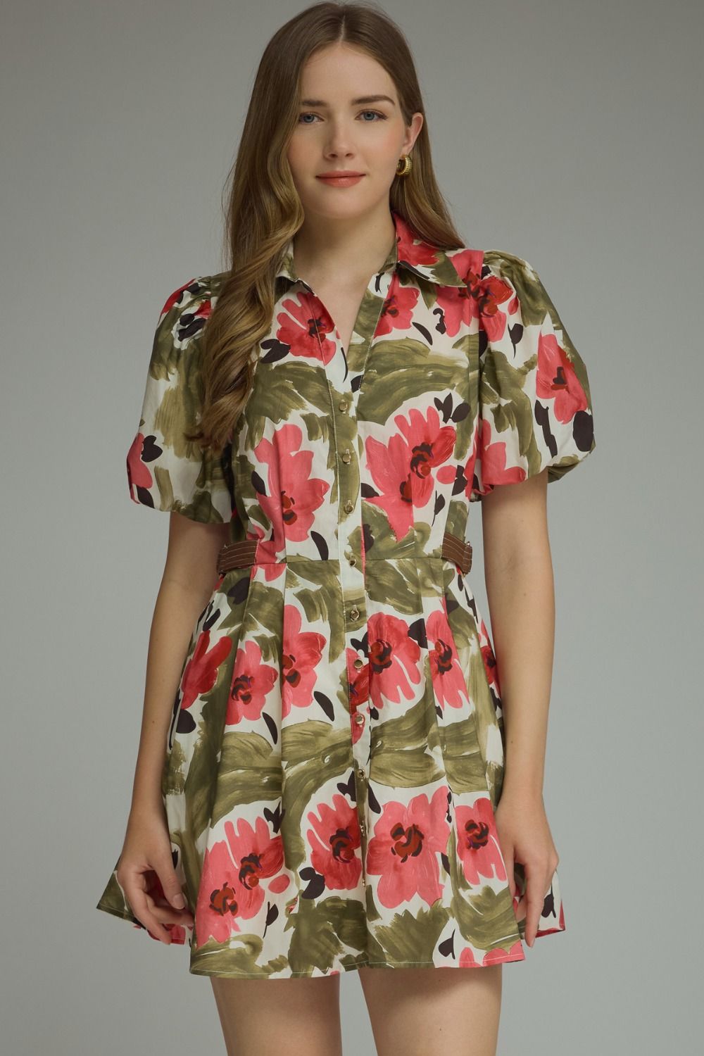 ENTRO Floral Print Short Puff Sleeve Dress In Olive