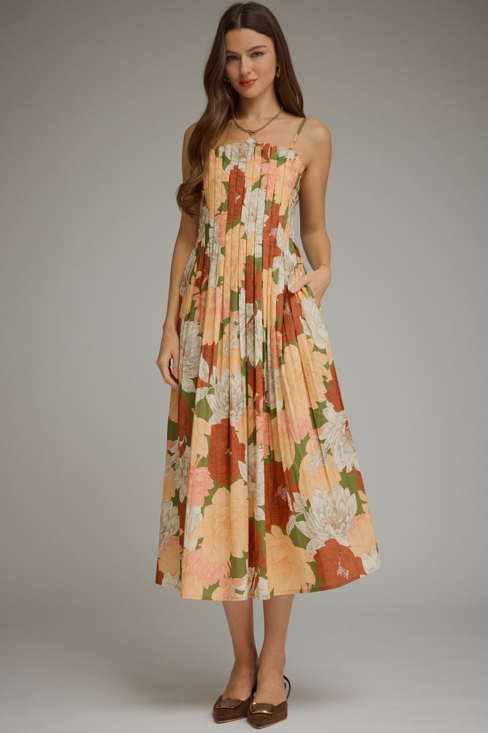 ENTRO Floral Sleeveless Midi Dress With Pleated Bodice In Olive *COMING SOON*