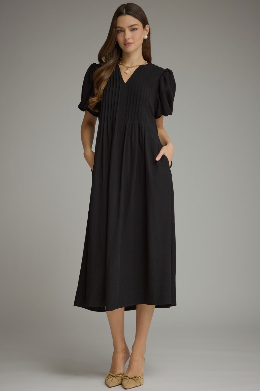ENTRO Solid Puff Sleeve Midi Dress In Black