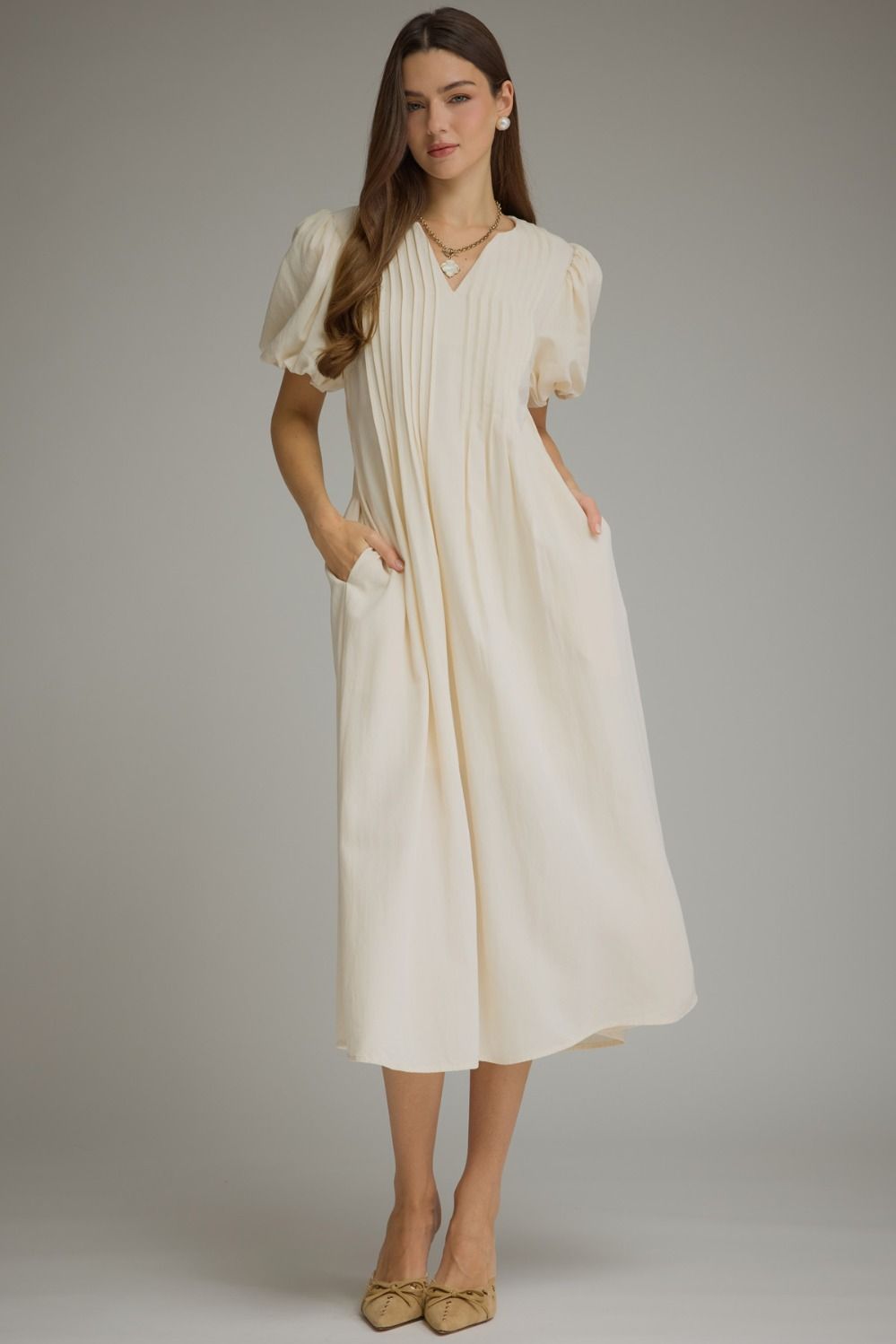 ENTRO Solid Puff Sleeve Midi Dress In Ecru