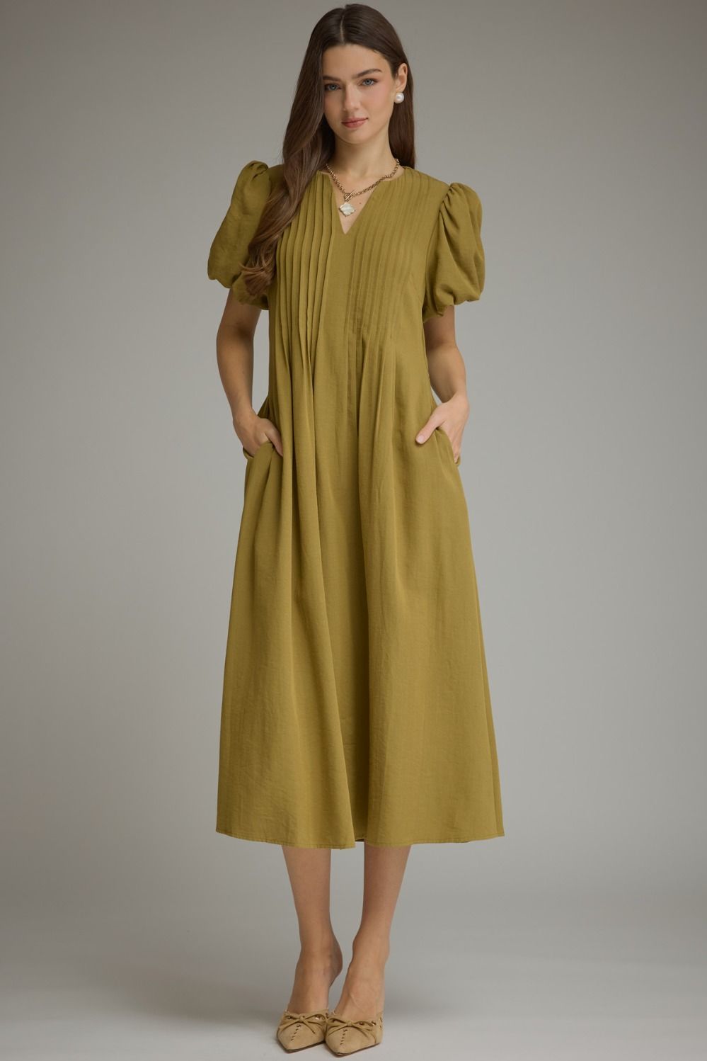 ENTRO Solid Puff Sleeve Midi Dress In Martini Olive