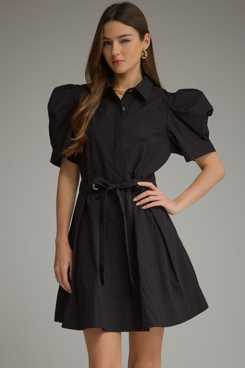 Entro Short Puff Sleeve Mini Dress With Tie Waist In Black