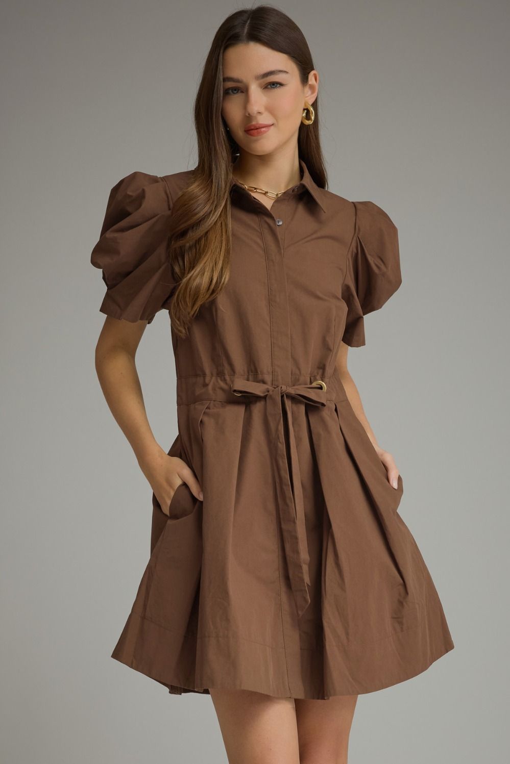 Entro Short Puff Sleeve Mini Dress With Tie Waist In Brown *COMING SOON*