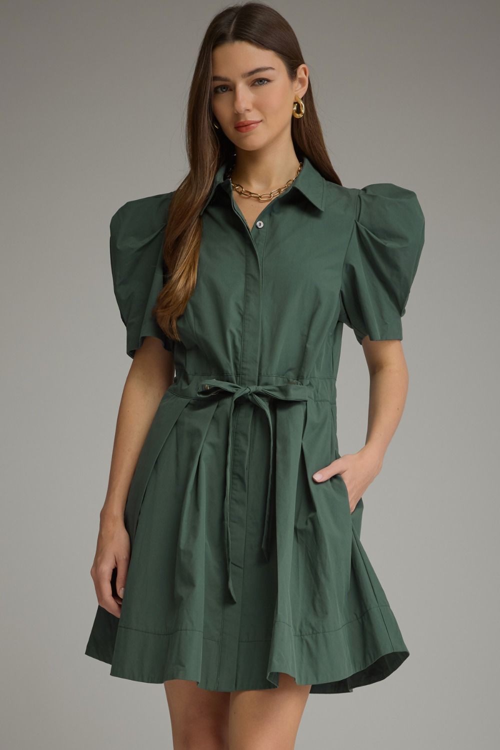 Entro Short Puff Sleeve Mini Dress With Tie Waist In Hunter Green