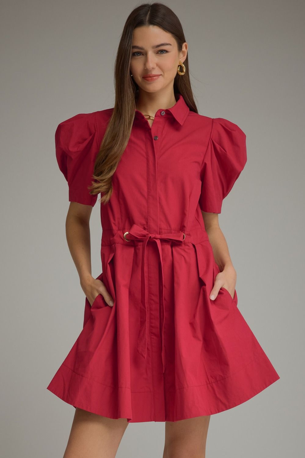 Entro Short Puff Sleeve Mini Dress With Tie Waist In Scarlet