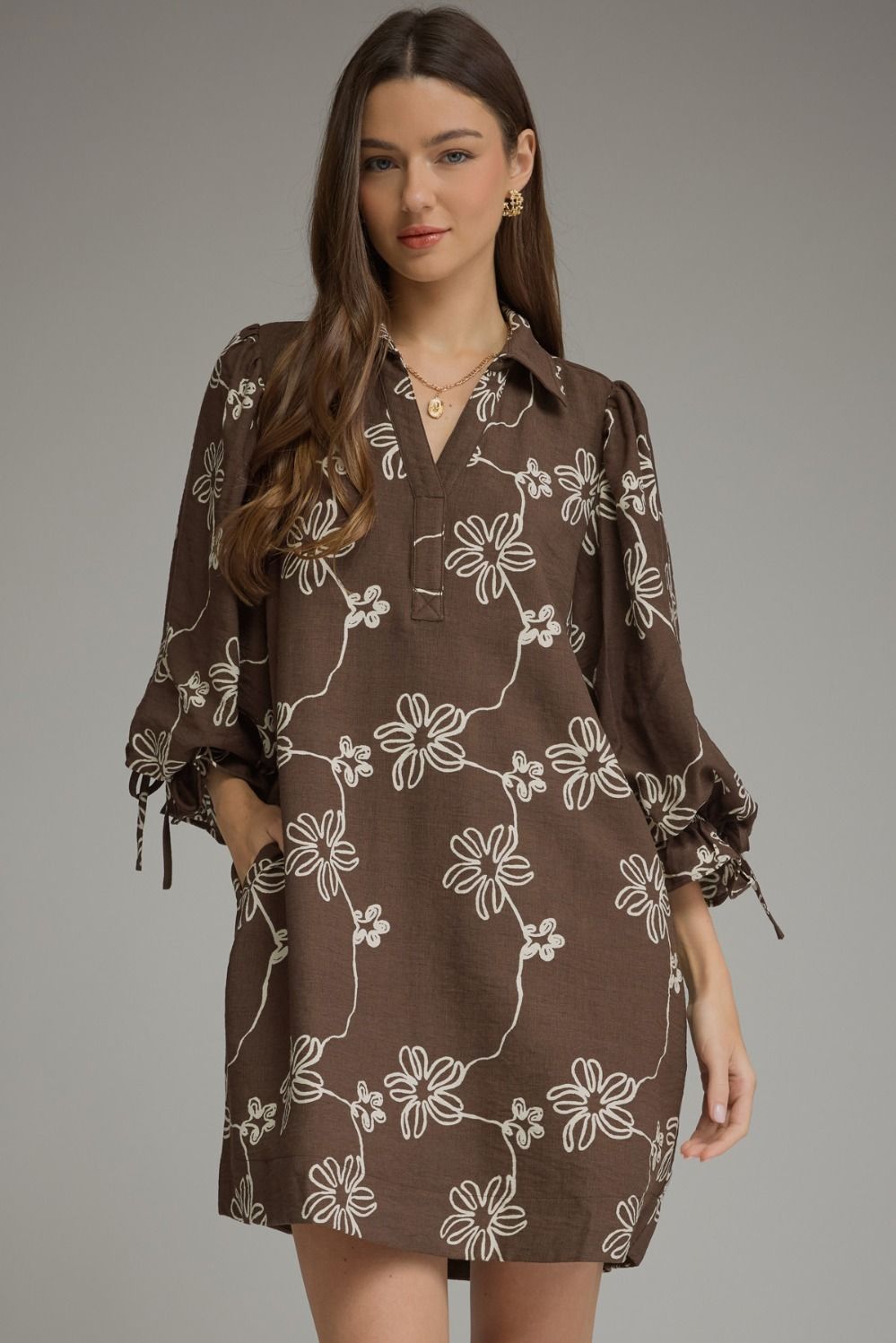 ENTRO Floral 3/4 Balloon Sleeve Mini Dress In Brown *COMING SOON*