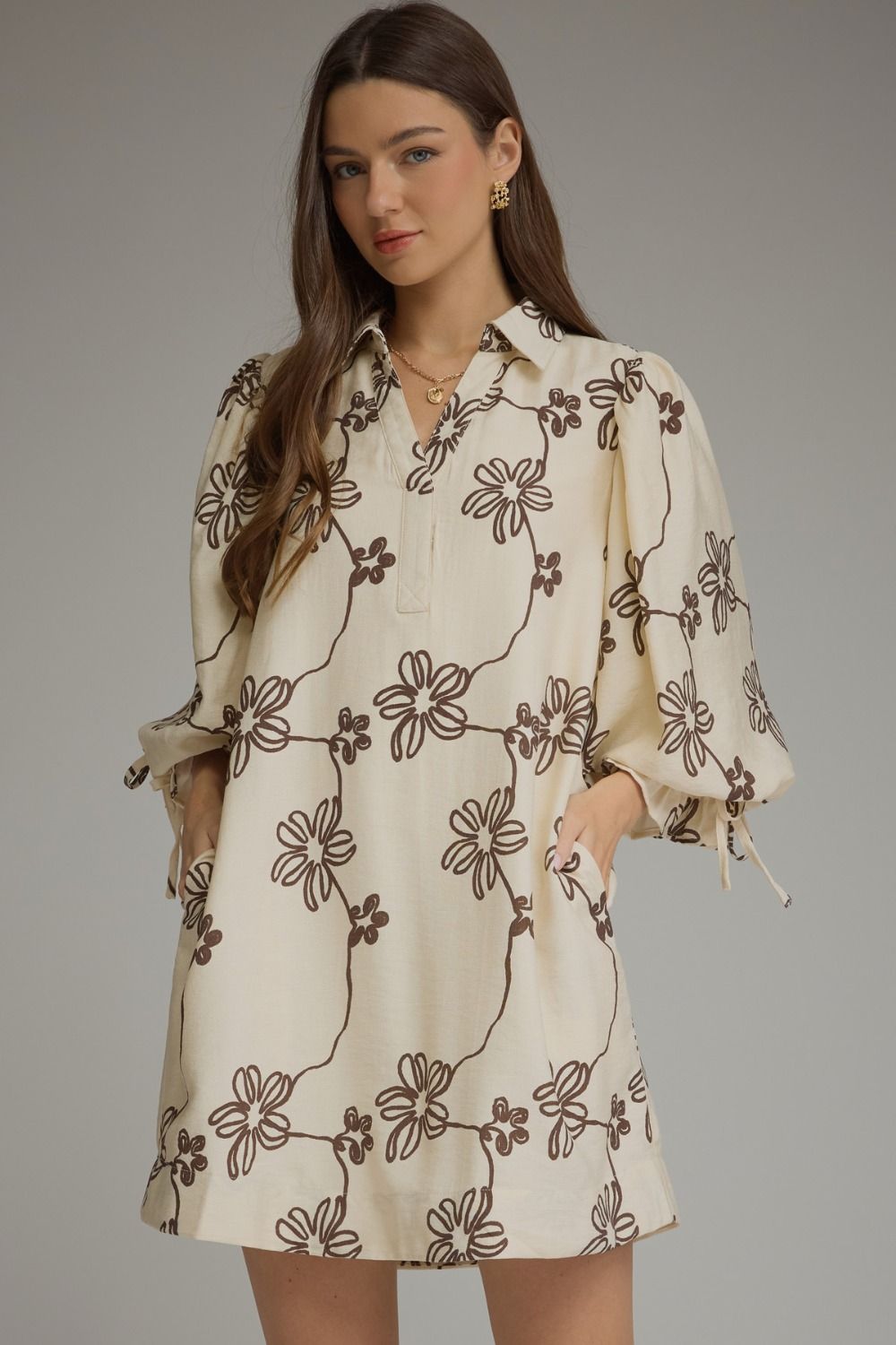 ENTRO Floral 3/4 Balloon Sleeve Mini Dress In Ecru *COMING SOON*
