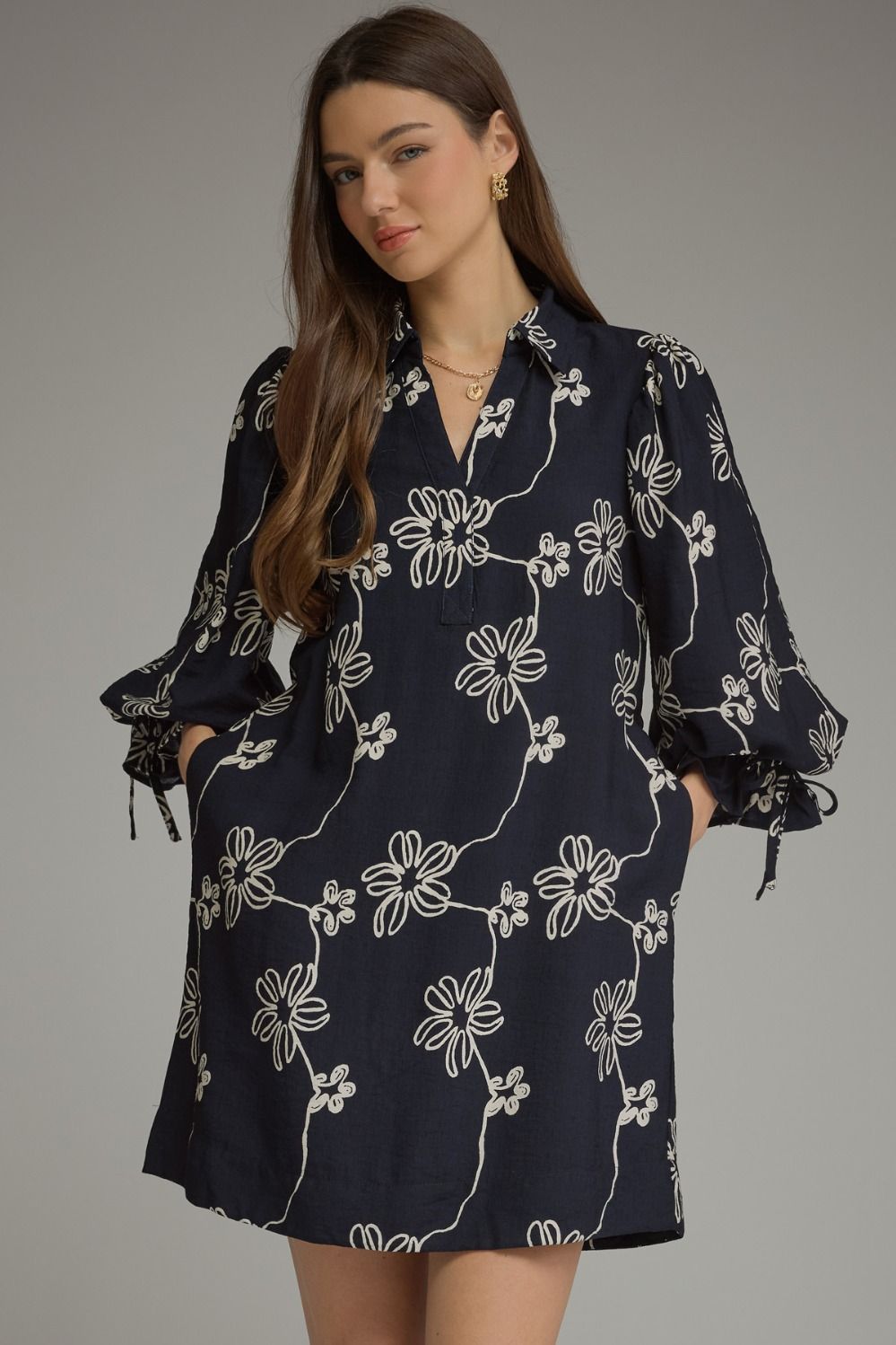 ENTRO Floral 3/4 Balloon Sleeve Mini Dress In Navy *COMING SOON*