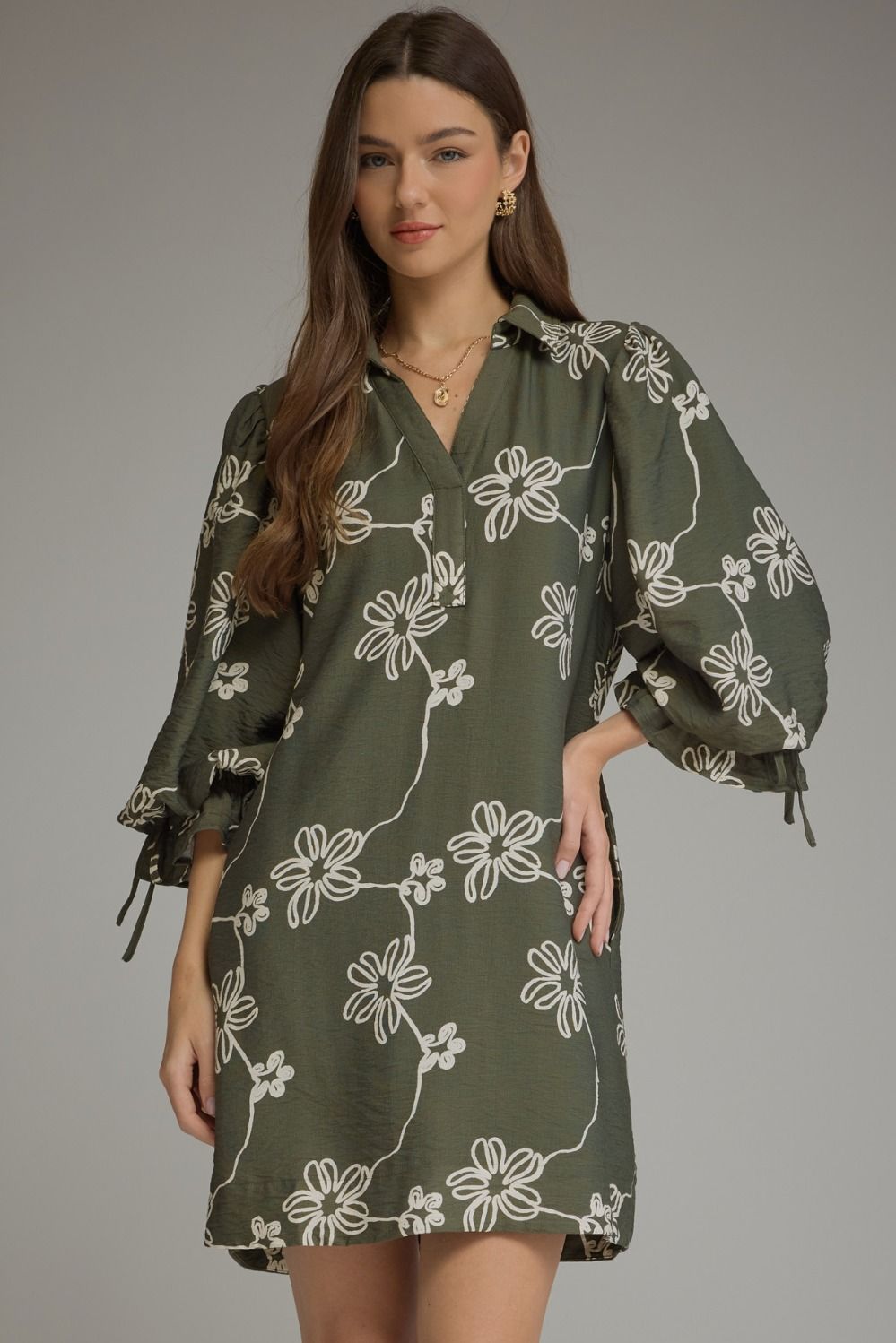 ENTRO Floral 3/4 Balloon Sleeve Mini Dress In Olive *COMING SOON*