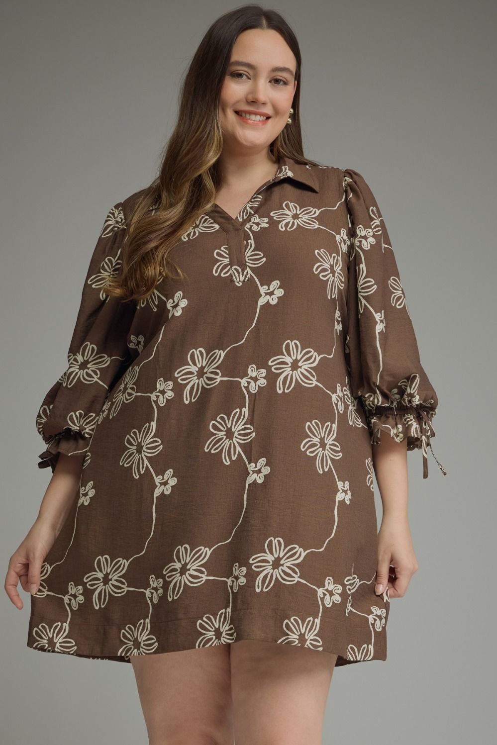 ENTRO Floral 3/4 Balloon Sleeve Mini Dress In Brown PLUS Sizes *COMING SOON*