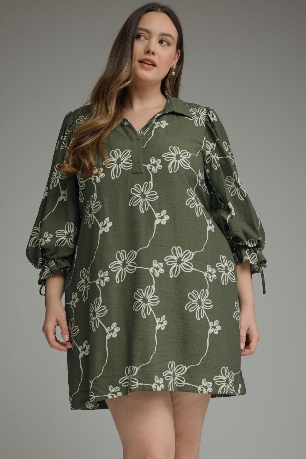 ENTRO Floral 3/4 Balloon Sleeve Mini Dress In Olive PLUS Sizes *COMING SOON*