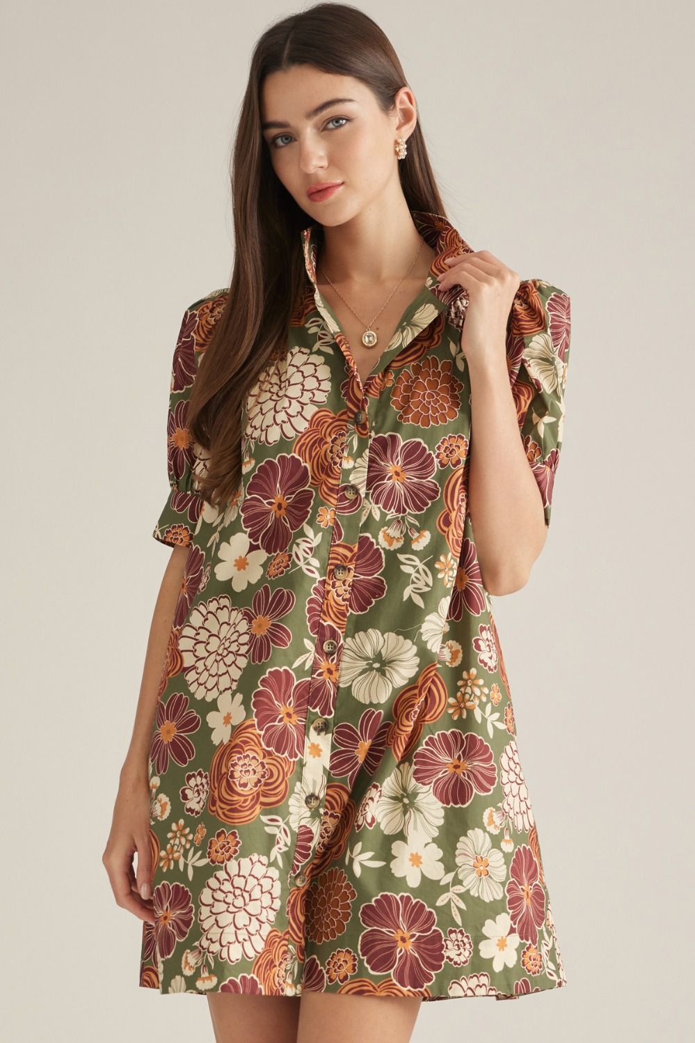 ENTRO Floral Short Sleeve Shirt Collar Mini Dress In Olive Rust