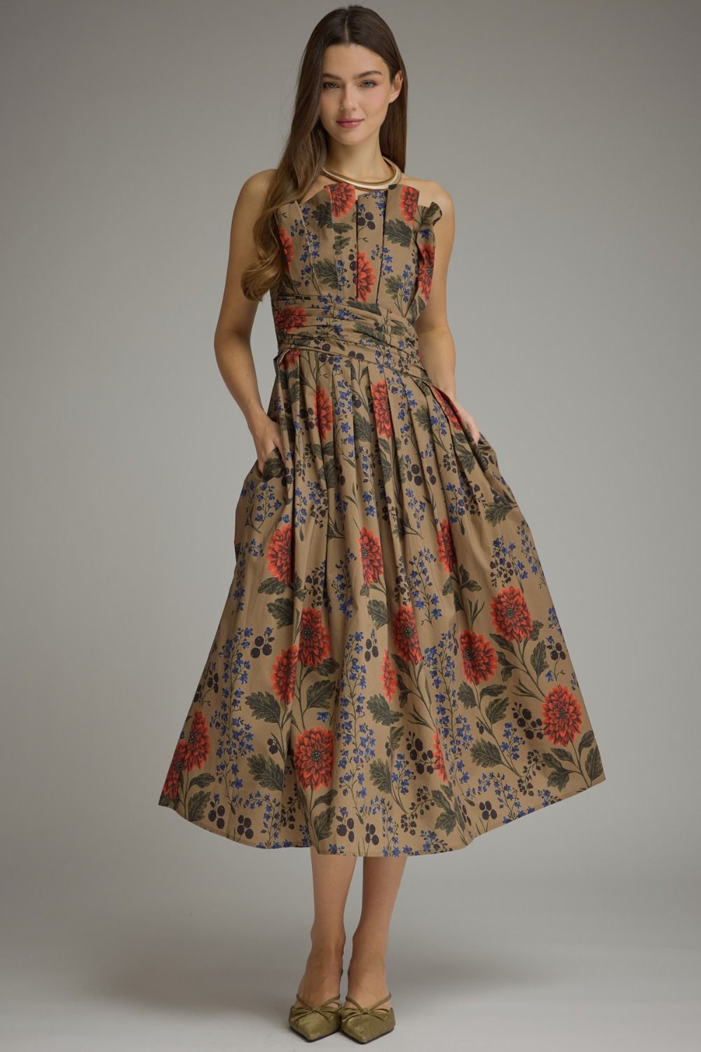 ENTRO Floral Strapless Midi Dress With Pleated Bodice In Camel