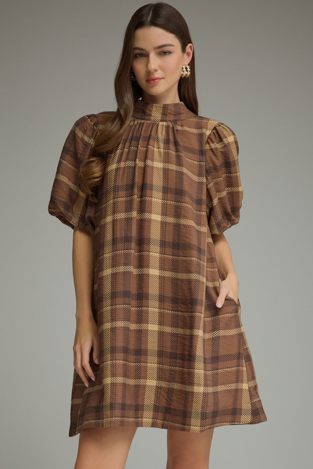 ENTRO Plaid Short Sleeve Mini Dress In Brown