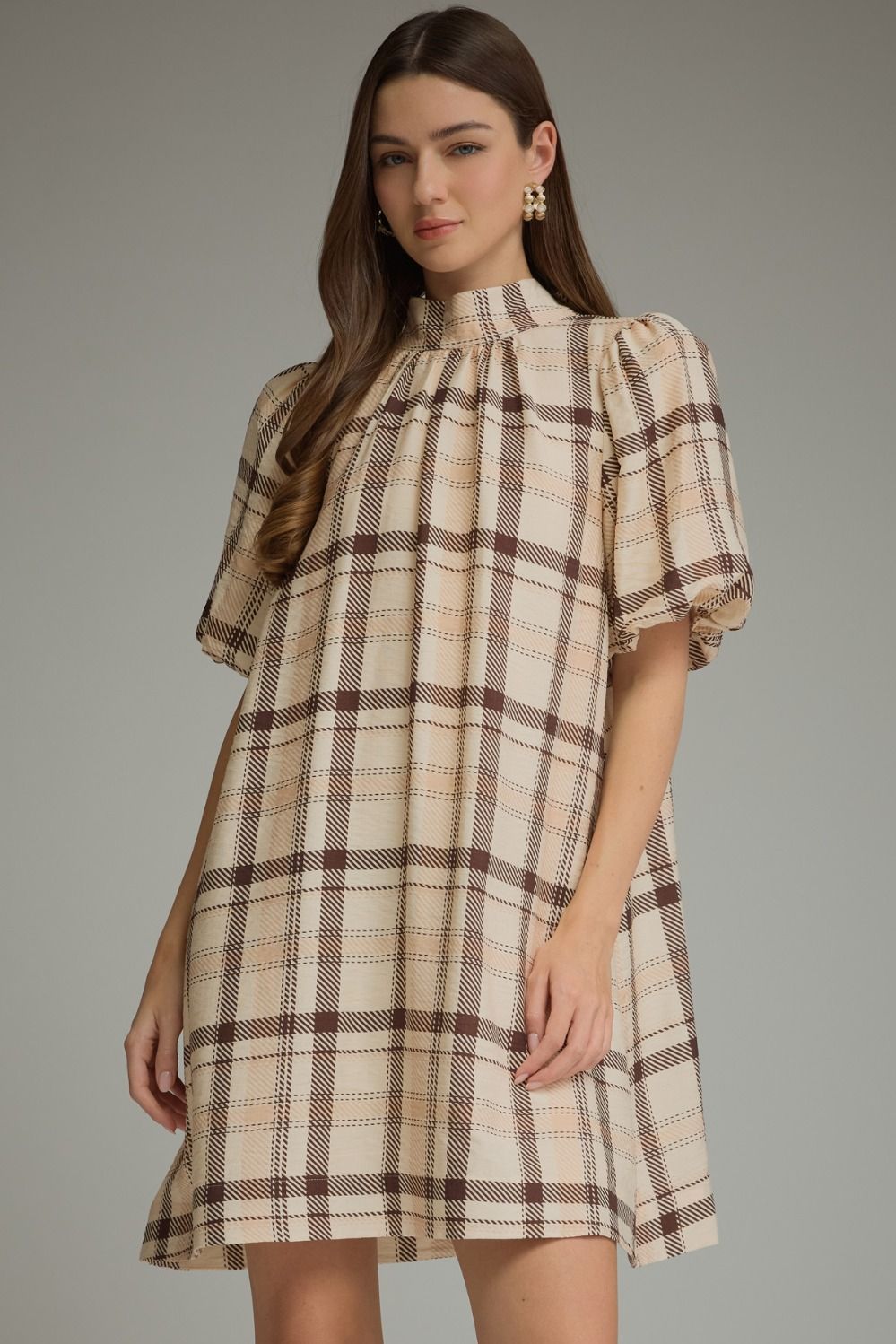ENTRO Plaid Short Sleeve Mini Dress In Ecru