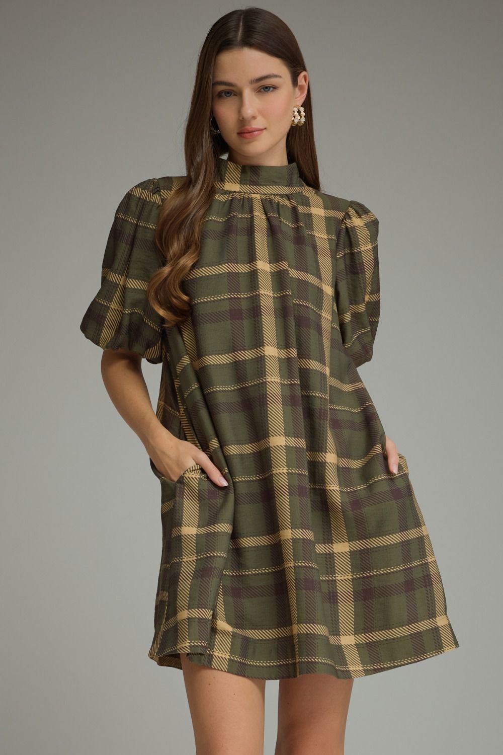 ENTRO Plaid Short Sleeve Mini Dress In Olive