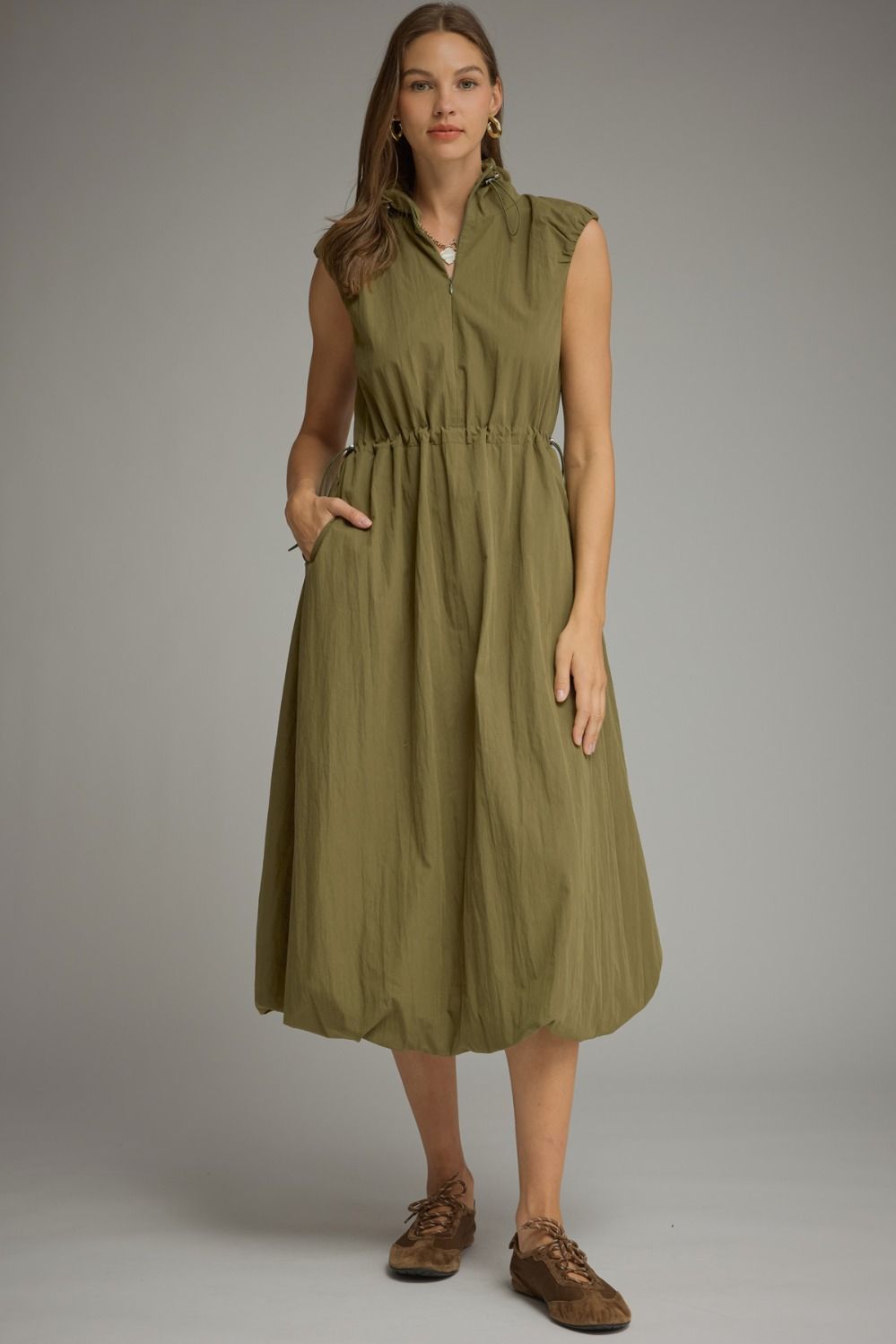 ENTRO Solid Midi Dress In Olive
