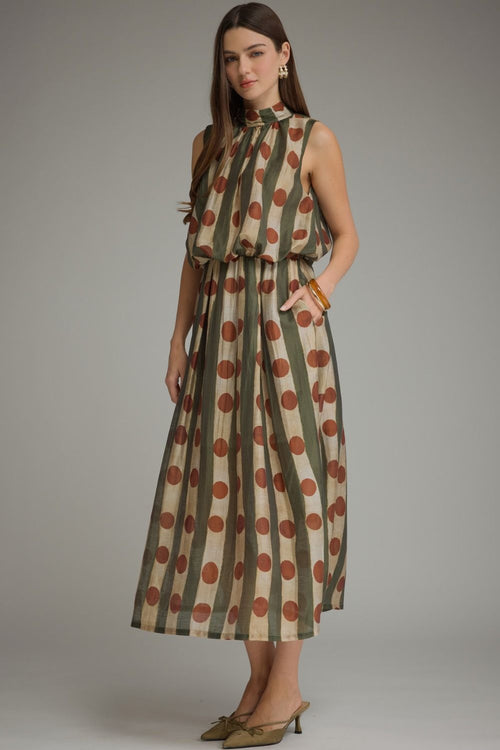 ENTRO Polka Dot Printed Sleeveless Midi Dress In Olive