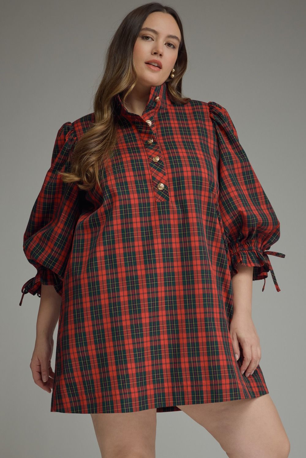 ENTRO Plaid 3/4 Sleeve Mini Dress In Red PLUS Sizes *COMING SOON*