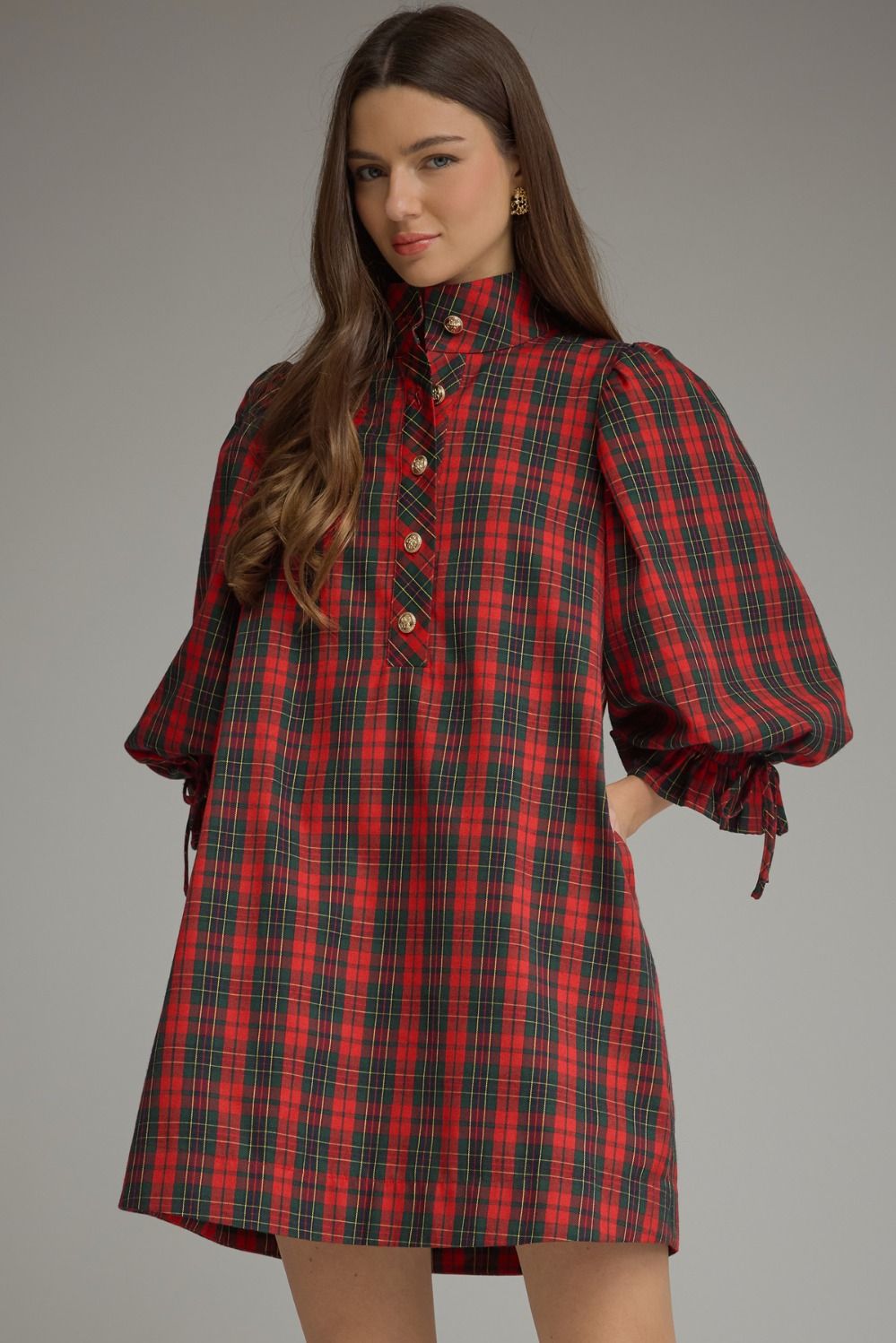 ENTRO Plaid 3/4 Sleeve Mini Dress In Red *COMING SOON*