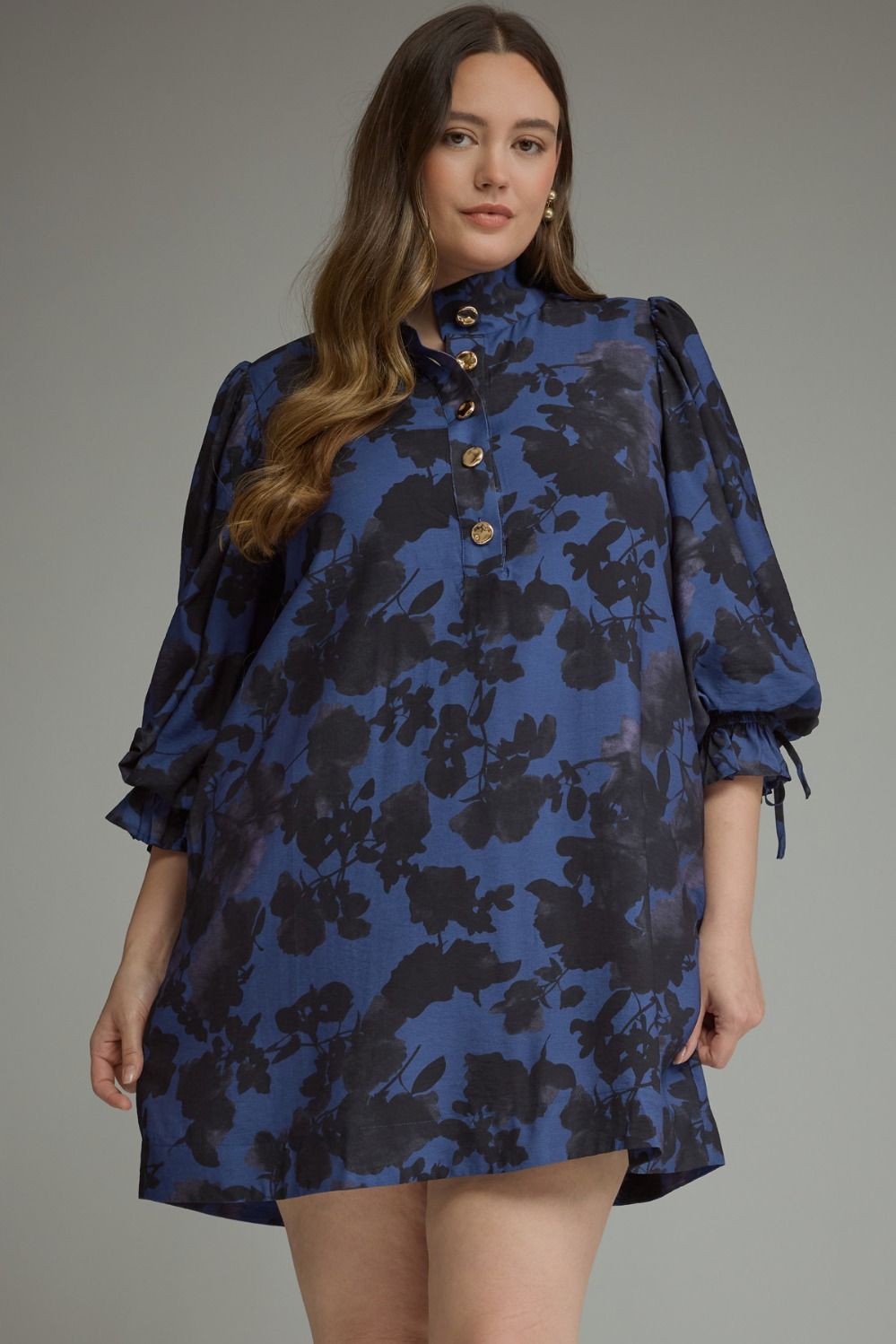 ENTRO Floral 3/4 Balloon Sleeve Mini Dress In Midnight PLUS Sizes *COMING SOON*
