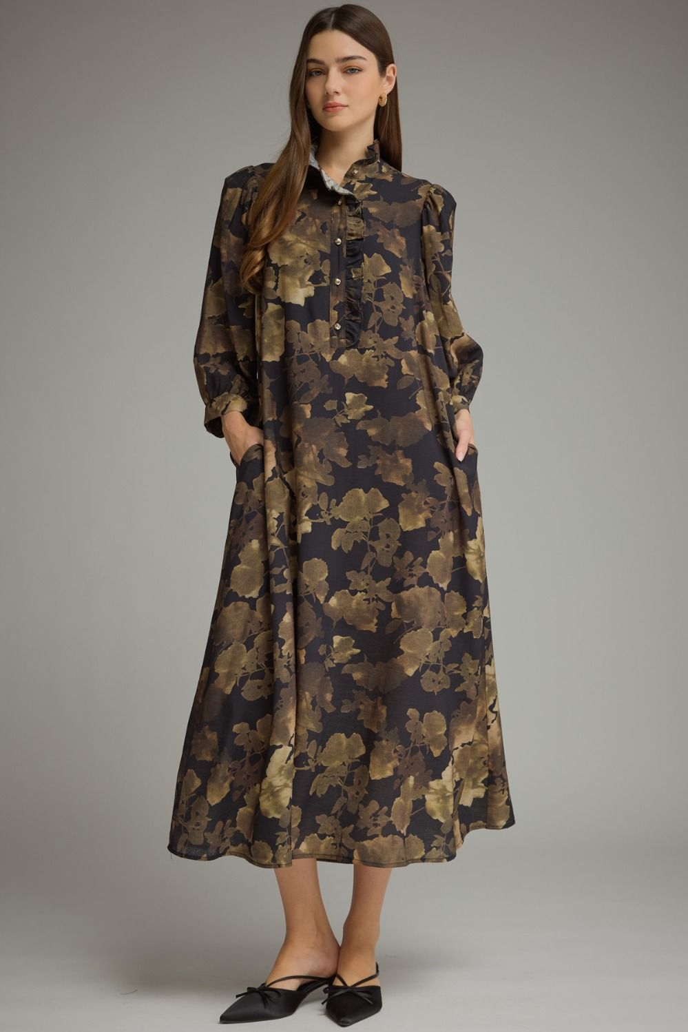 ENTRO Floral 3/4 Balloon Sleeve Midi Dress In Black