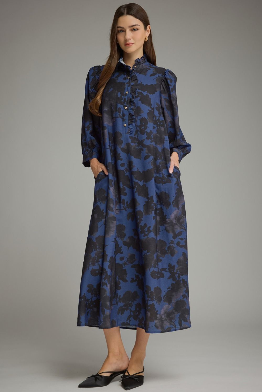 ENTRO Floral 3/4 Balloon Sleeve Midi Dress In Midnight