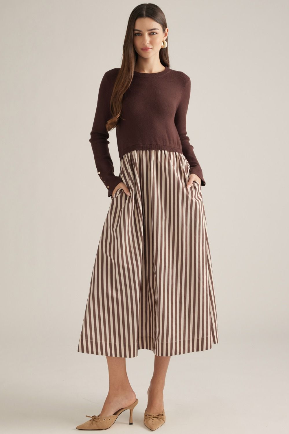ENTRO Midi Dress With Knit Bodice & Stripe Bottom In Brown *COMING SOON*