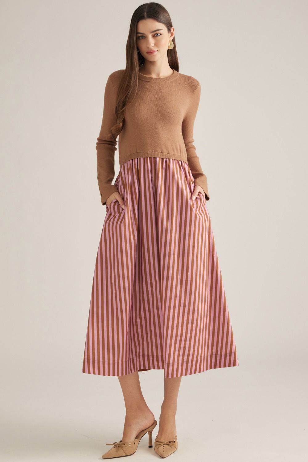 ENTRO Midi Dress With Knit Bodice & Stripe Bottom In Camel *COMING SOON*