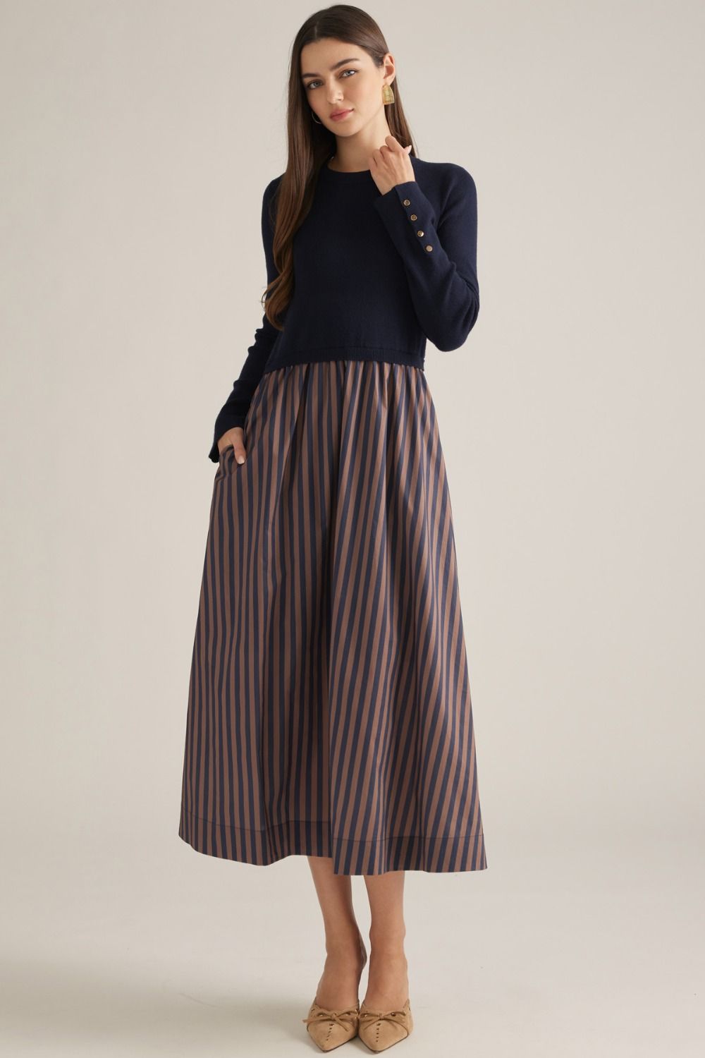 ENTRO Midi Dress With Knit Bodice & Stripe Bottom In Navy *COMING SOON*